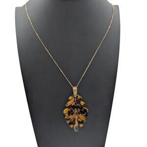 Acrylic Faux Tortoise Articulated Palm Leaf Pendant Gold Tone Chain Necklace